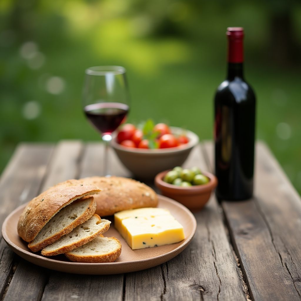 Una mesa rústica con pan, queso y vino