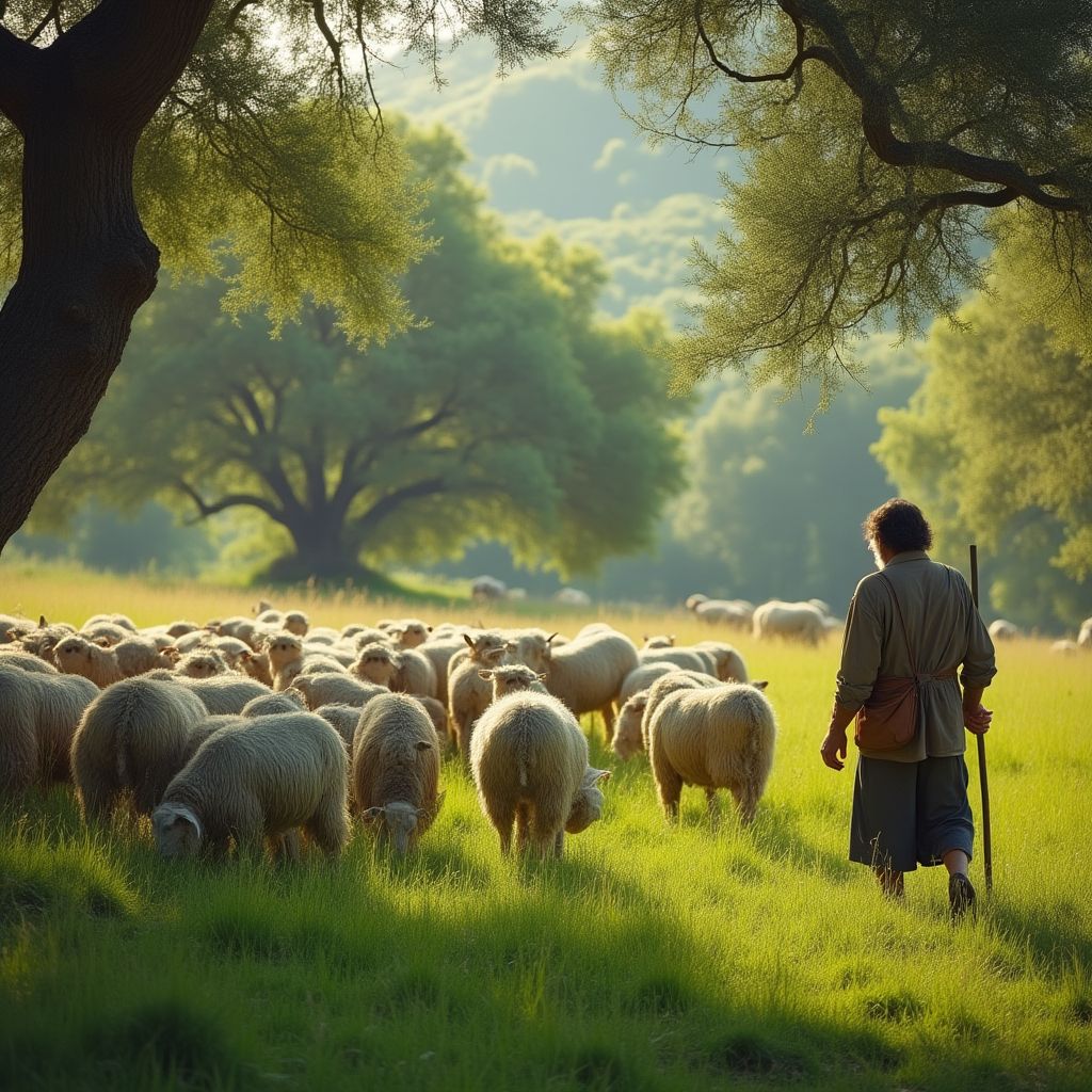 Un pastor con sus ovejas en una dehesa