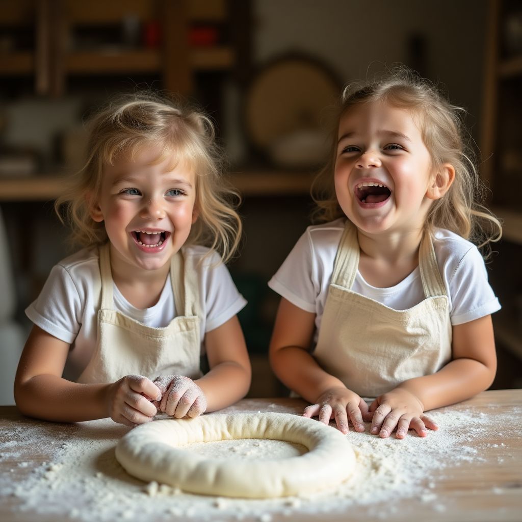 Niños riendo mientras aprenden a hacer pan