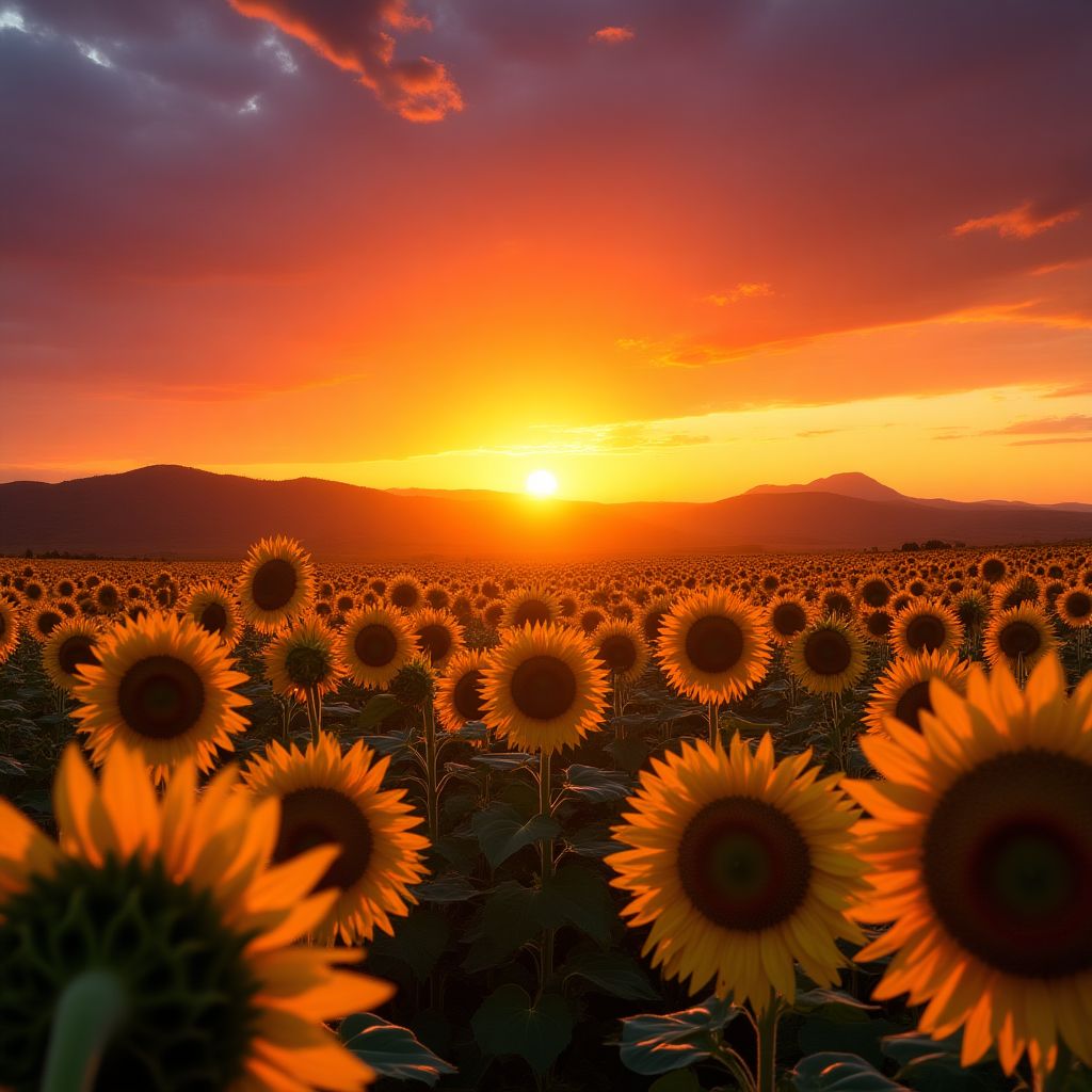 Atardecer sobre un campo de girasoles
