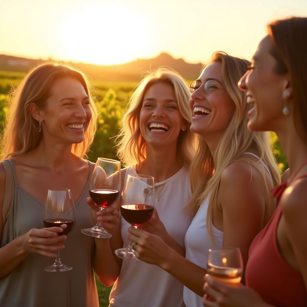 Fundadores del proyecto sonriendo en un viñedo al atardecer