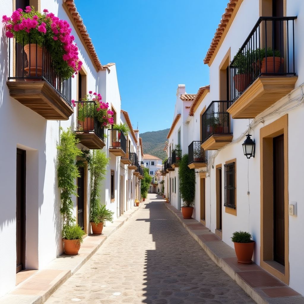 Un pueblo blanco andaluz con calles estrechas y floridas