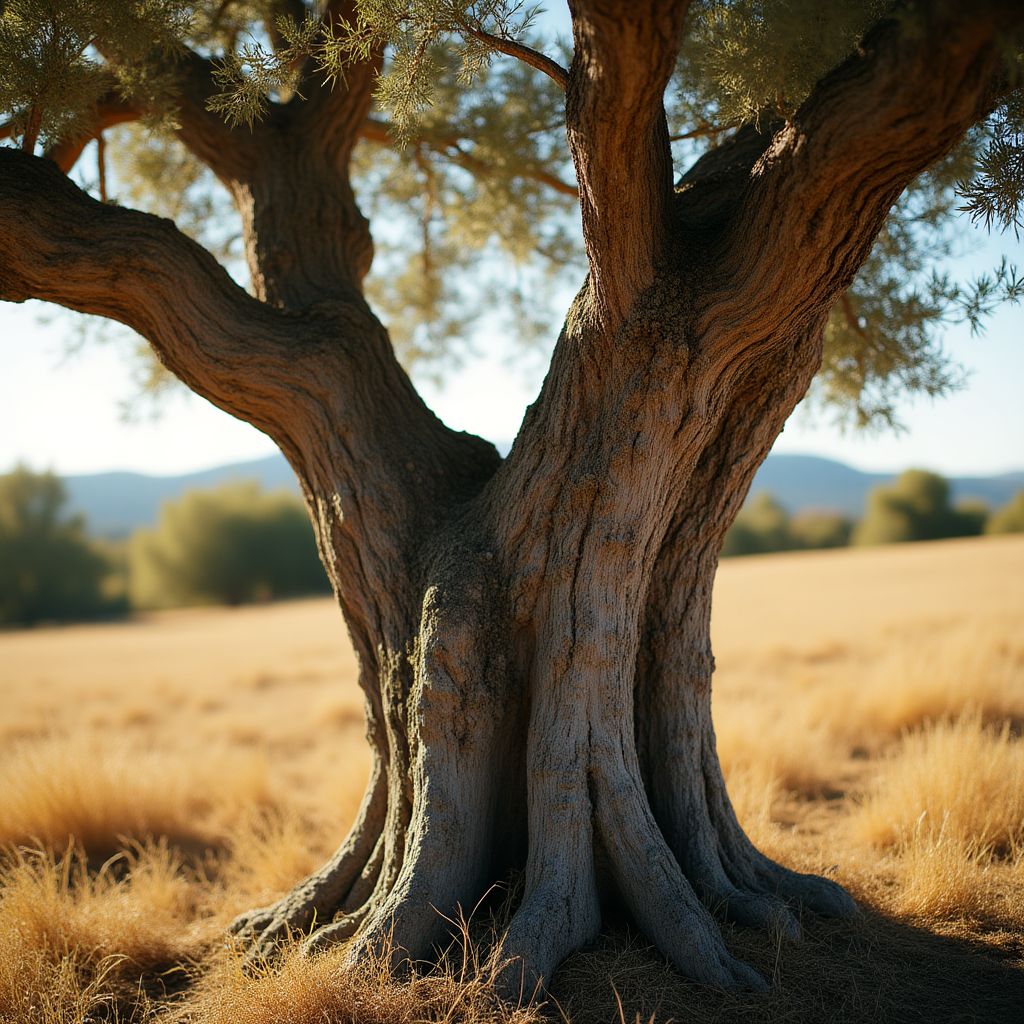 Un olivo centenario bañado por el sol en una ladera