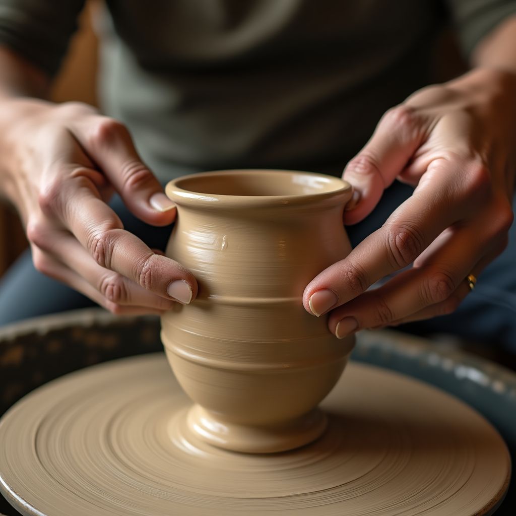 Manos moldeando arcilla en un torno de alfarero