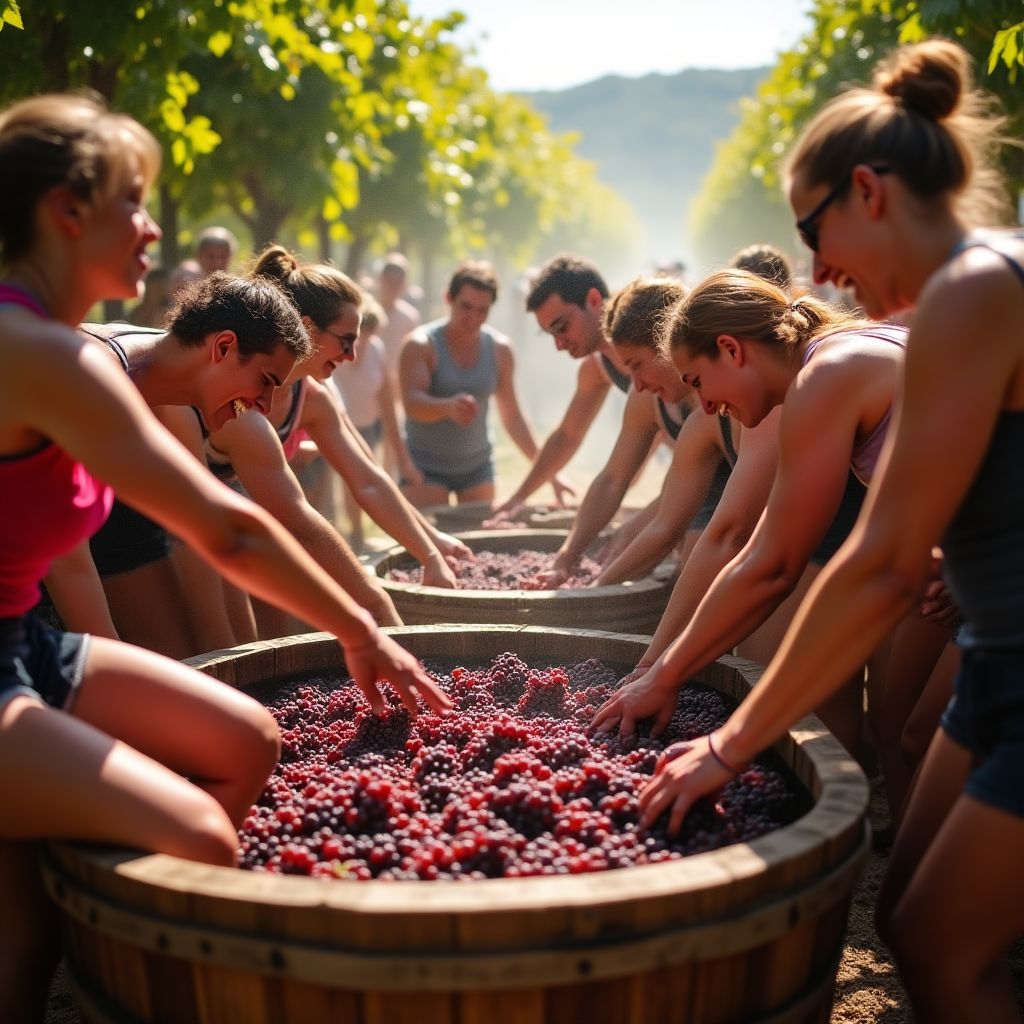 Participantes pisando uvas en un lagar